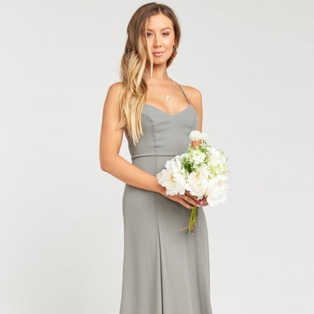 Show Me Your Mumu Godshaw Gown, Size Small, Soft Charcoal Crisp